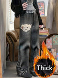 Stripe Dog Graphic Sweatpants Cutecore Cartoon Embroidery Wide Leg Straight Pants Korean Thick Warm Winter Bottoms