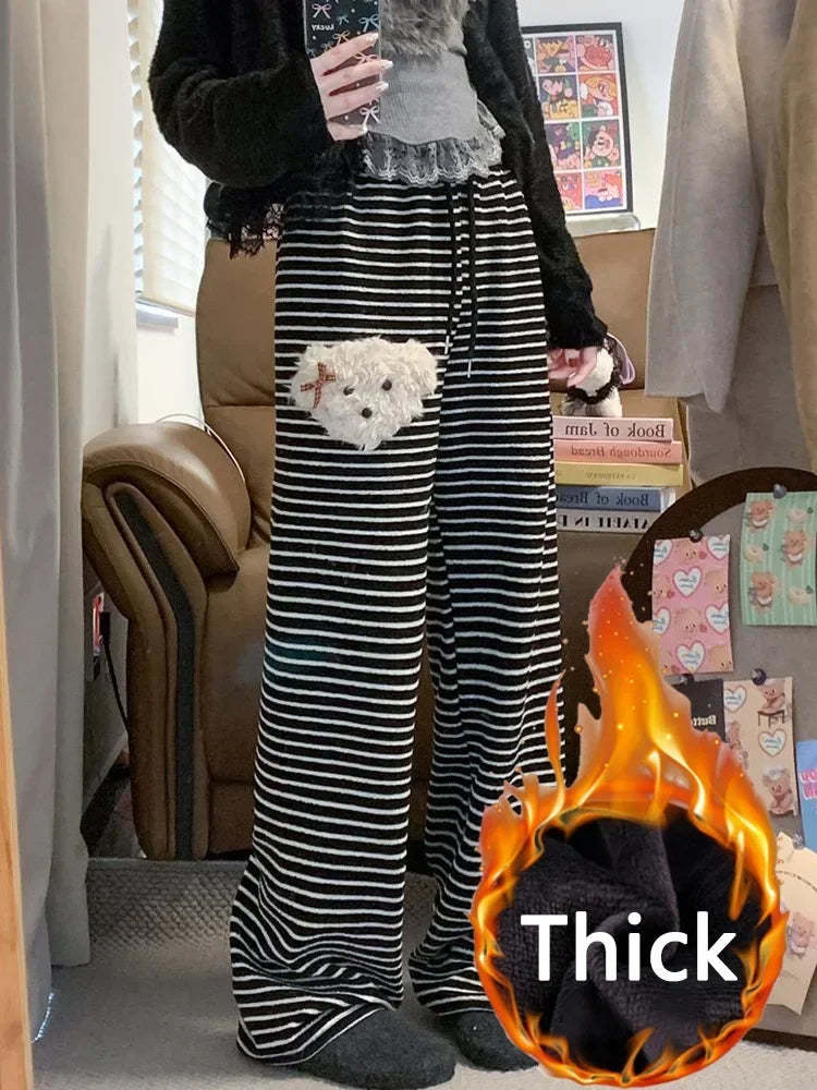 Stripe Dog Graphic Sweatpants Cutecore Cartoon Embroidery Wide Leg Straight Pants Korean Thick Warm Winter Bottoms