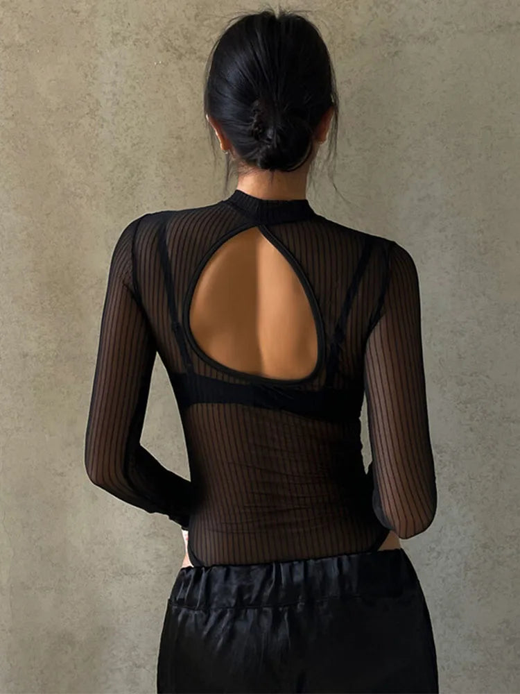 See Through Bodysuit Backless Hollow Out Transparent Club Jumpsuits Black Tee Summer