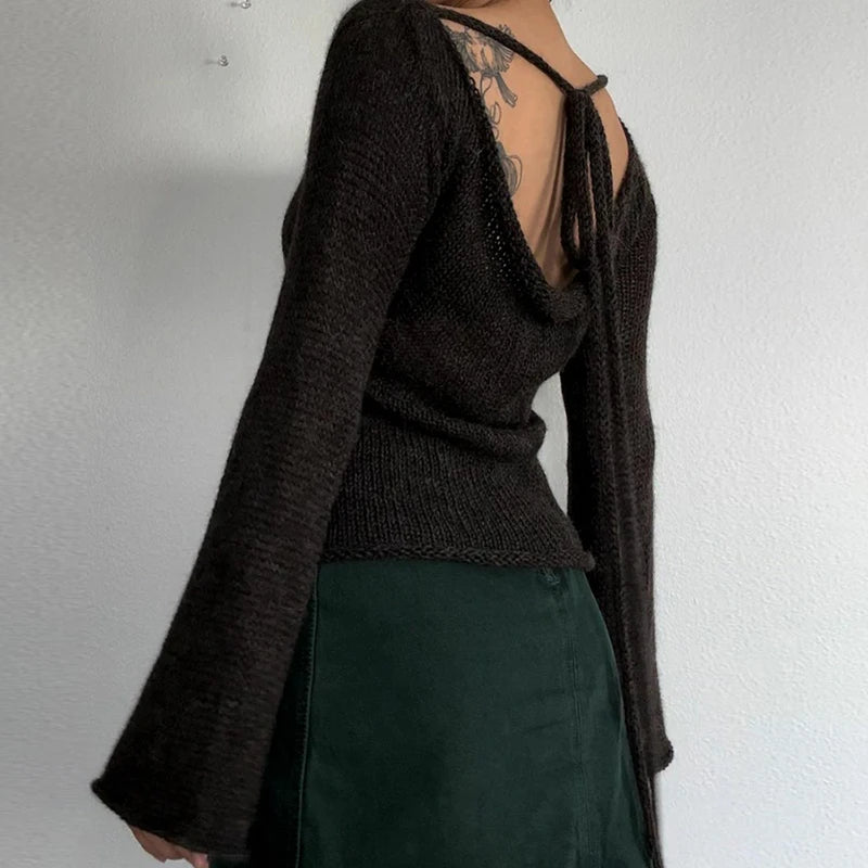 ’s Tie Up Backless Knitted Sweaters Autumn Long Sleeve Boat Neck Pullover Tops Korean Y2k Jumpers T-shirt