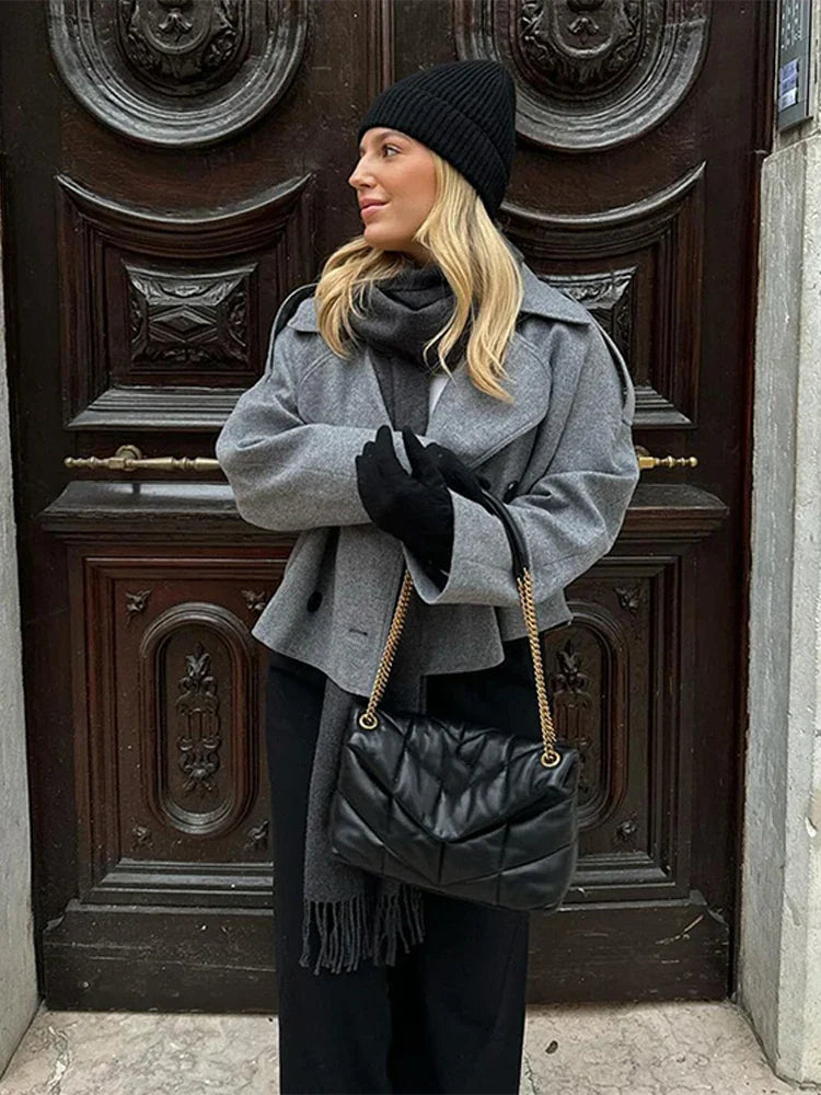 Single Breasted Woolen Coat Loose Lapel Long Sleeve Female Short Jacket Autumn Winter New Grey Lady Outwear