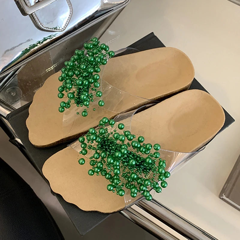New Green Pearl Designer Slides Transparent Slippers Cozy Wide Open Toe Low Heels Beach Shoes Gladiator Sandals