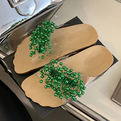 New Green Pearl Designer Slides Transparent Slippers Cozy Wide Open Toe Low Heels Beach Shoes Gladiator Sandals