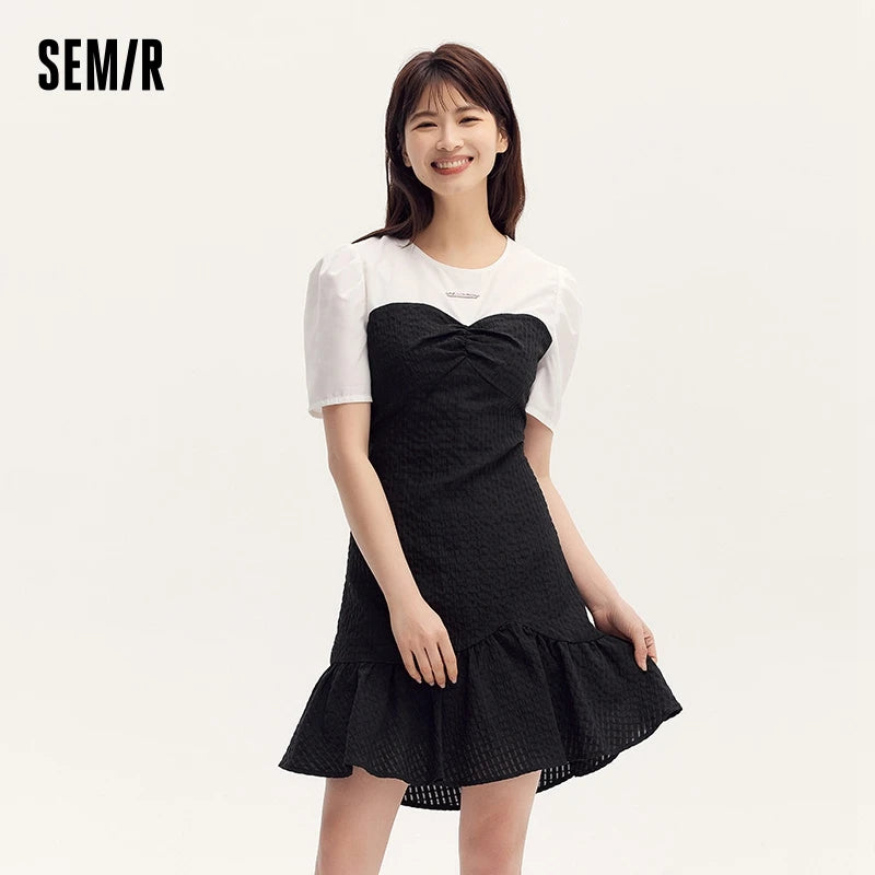 Color Block Little Black Dress and Commute Summer New Gentle Texture Playful Mermaid Hem Short Skirt