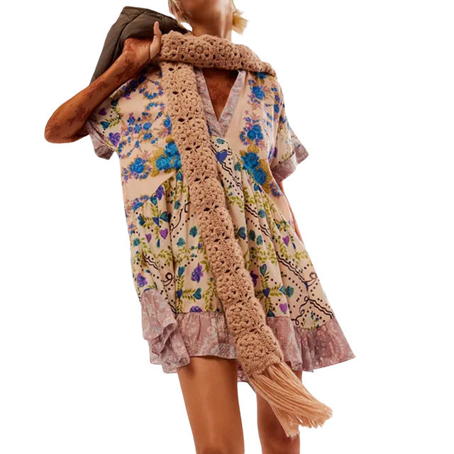 Color Print Mini Dresses Spring Summer New V-neck Short Sleeves Folds Loose Irregular Short Dress Vestidos