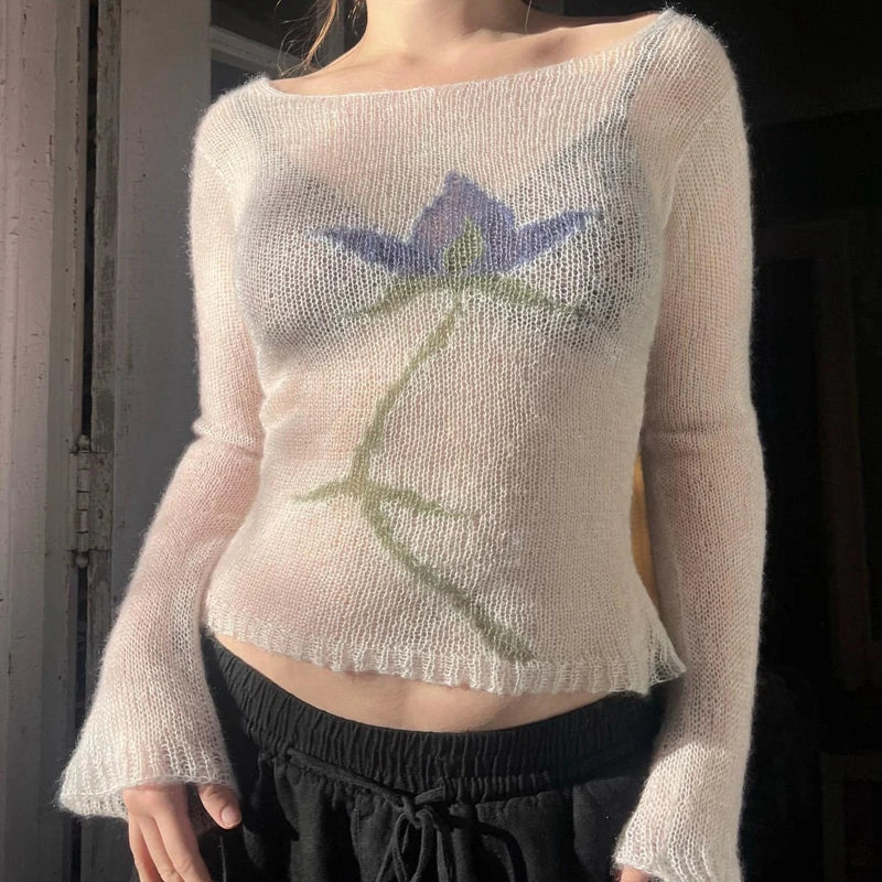 Flower Long Sleeve Knitted Crop Tops Aesthetic See Through Sweater Tees 90s Y2k Gyaru Crop Tops Jumpers Cottage Clothes