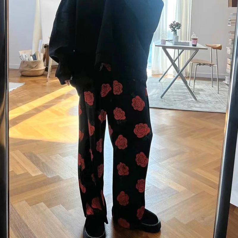 Print Threaded Straight Pants Summer New High Waist Loose All Match Pants
