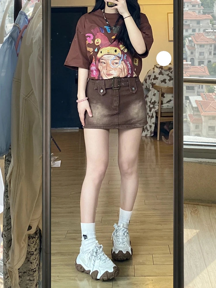 Maillard 2000s Aesthetic Japanese Harajuku Mini Jean Skirt Shorts Gyaru Cyber Punk Design Denim Y2k High Waist