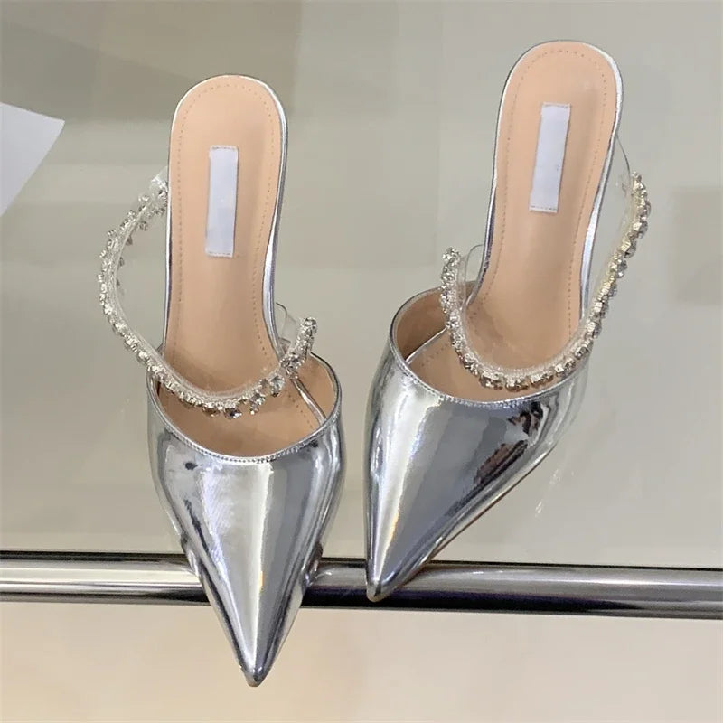 New Crystal Diamond Slipper Pointed Toe Thin Heels Dress Mules Shoes