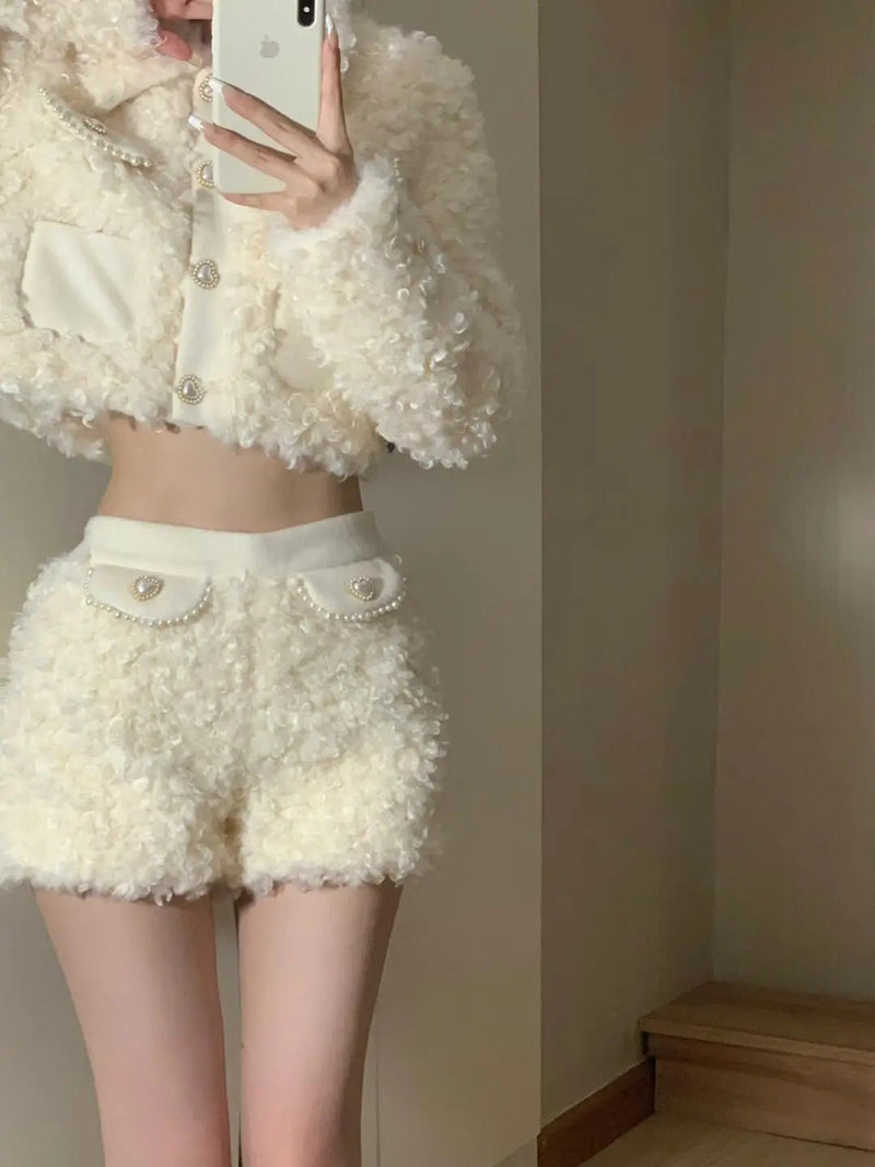 Lamb Fur Shorts Set Autumn and Winter New Plush Warm Slim Short Coat+high Waist Short Two Piece Sets Outfits