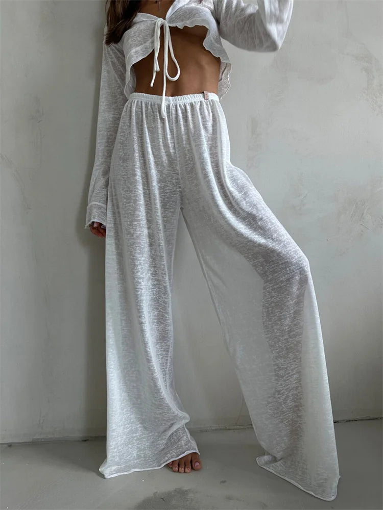 2 Piece-set Trousers for V-neck Lace-up Long Sleeve Top and High Waist ’s Pants Outfits Female