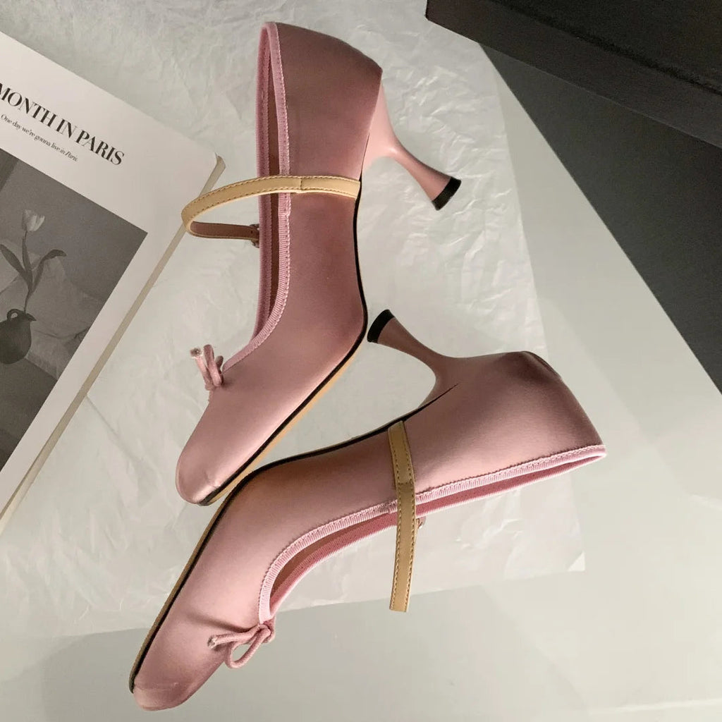 Satin Fabric Sweet Bow Tie Slipon Mary Jane Pumps Pink Daily Dress Heeled Shoes for Woman Spring