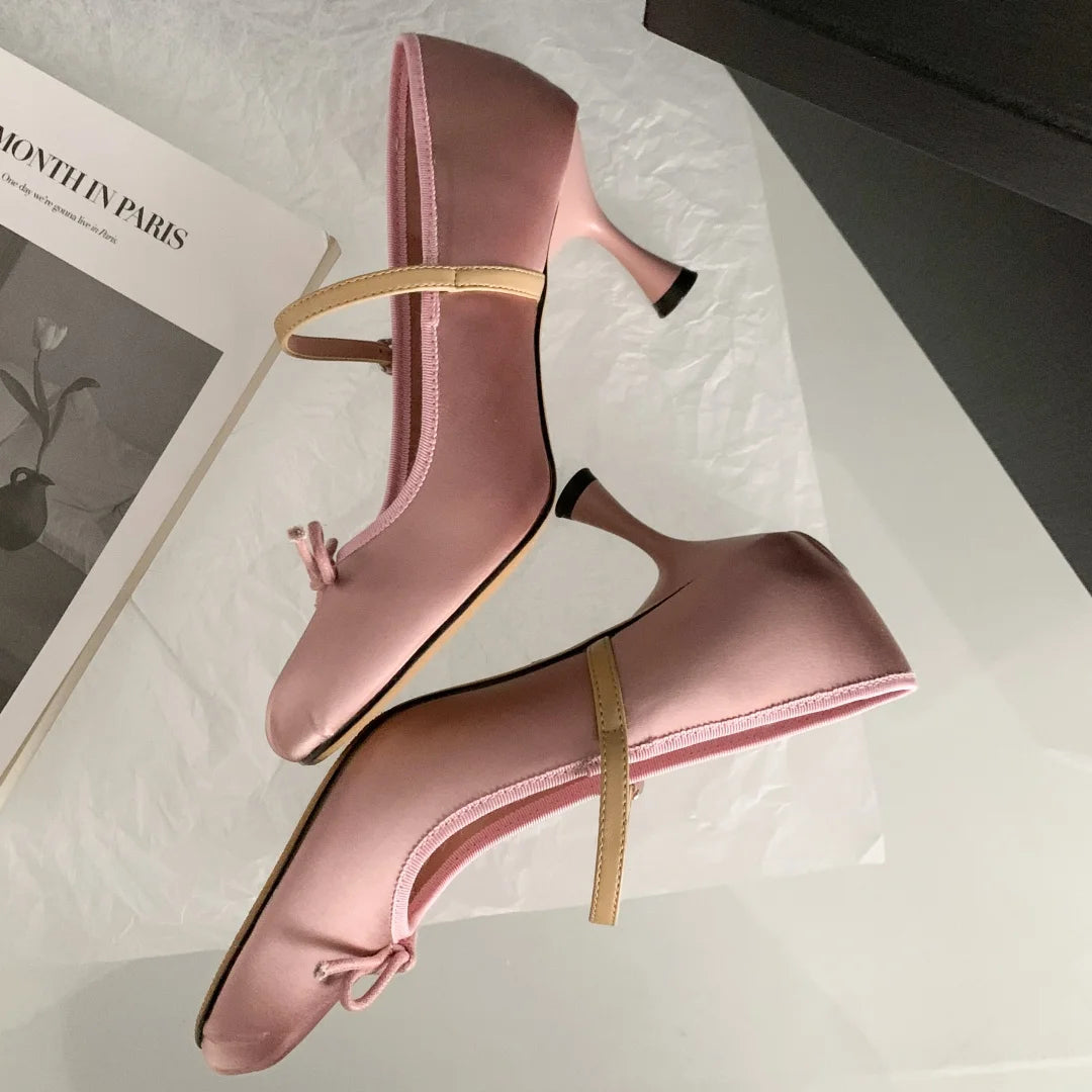 Satin Fabric Sweet Bow Tie Slipon Mary Jane Pumps Pink Daily Dress Heeled Shoes for Woman Spring