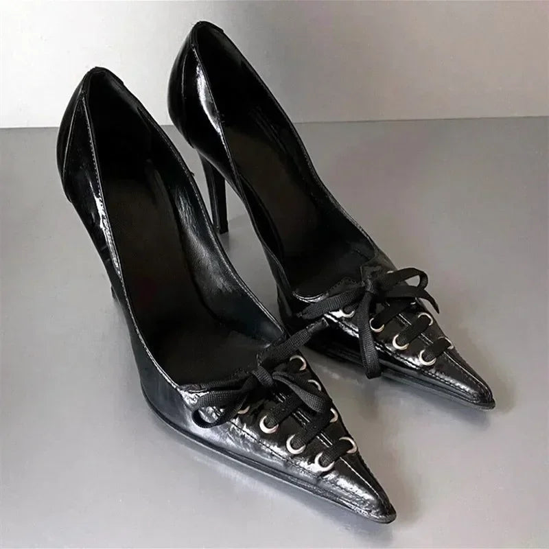 Pointed Toe Thin High Heels Lace Up Retro Street Style Party Dress Shoes Brand Designer Pumps Zapatos De Mujer