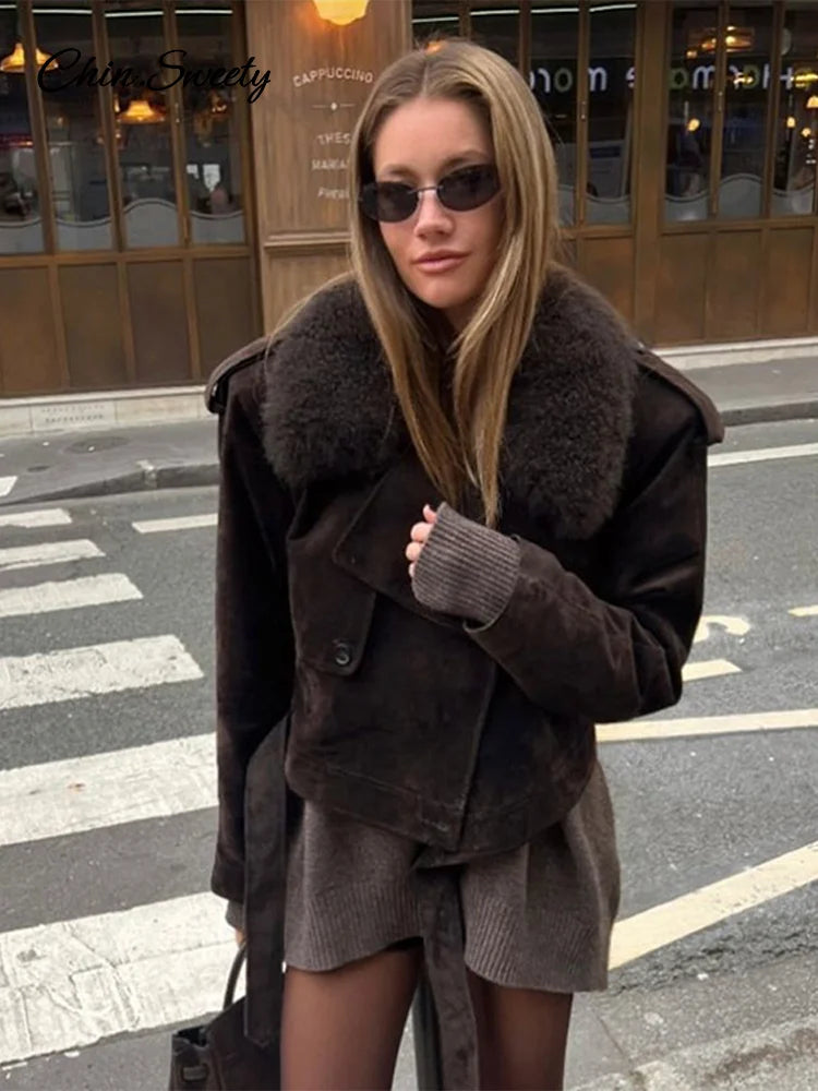 Cropped Suede Jacket Lapel Fur Collar Lace Up Long Sleeve Coat Female Winter Lady High Street Outwear