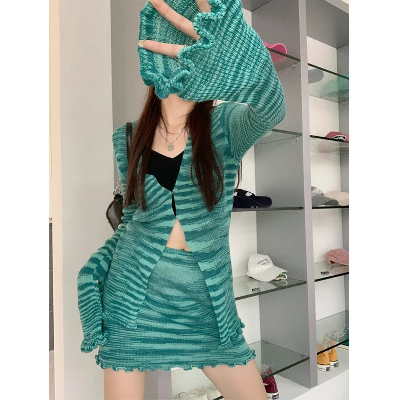 Y2k Orange Striped Suit Fungus Edge Longsleeved Knitted Cardigan Autumn Short Skirt 2piece Set