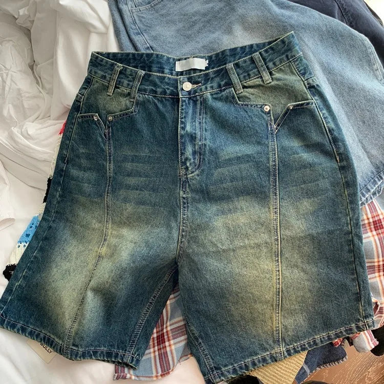 Washed Denim Shorts for Summer New Loose Wide Leg Jeans Y2k Egirl High Waist Straight Fivepoint Pants