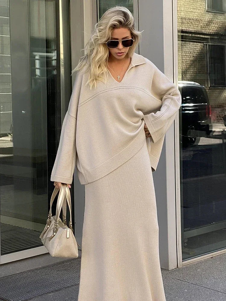 Loose Sweater Suit Female V-neck Knit Pollover Top Long Skirt High Waist Autumn Winter Skirt 2 Piece Set