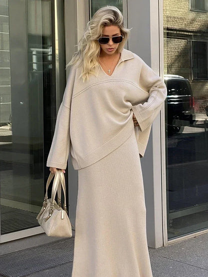Loose Sweater Suit Female V-neck Knit Pollover Top Long Skirt High Waist Autumn Winter Skirt 2 Piece Set