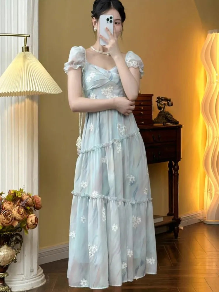 French Ruffles Midi Dresses for Lace Square Collar Puff Sleeve Princess Birthday Party Dress New