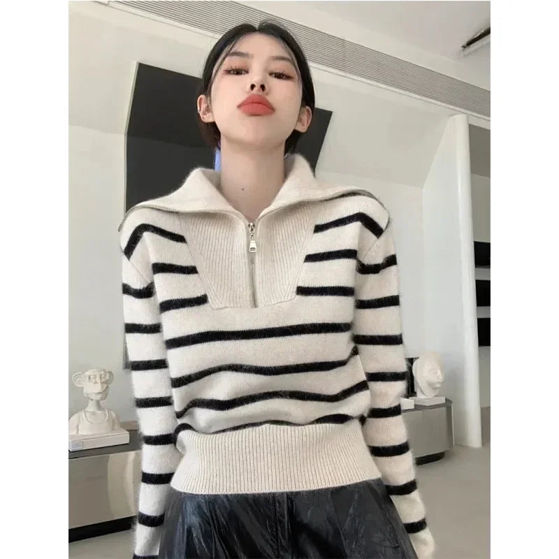 ’s Autumn Winter New Retro Lapel Half Zipper Contrasting Stripes Sweater Long Sleeved Loose Knitted Coat