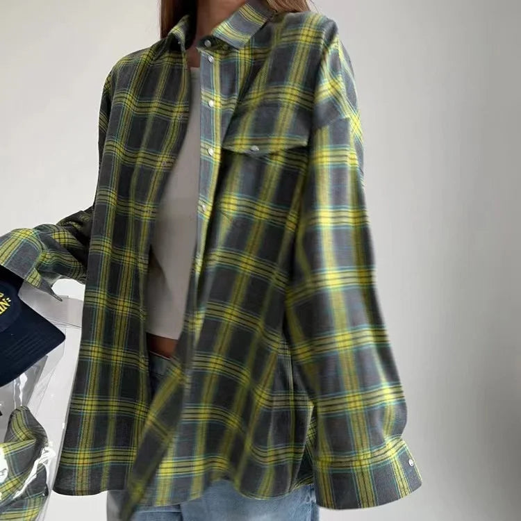 Summer Oversized Plaid Shirt Long Sleeve Loose Fit Blouse Autumn Female Office Shirt Tops for Woman
