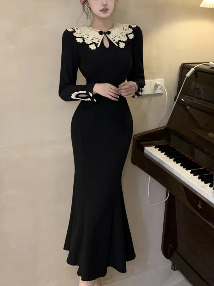 Black Mermaid Dresses French Lace Patchwork Bodycon Evening Party Midi Dress New Vestidos Female Clothes