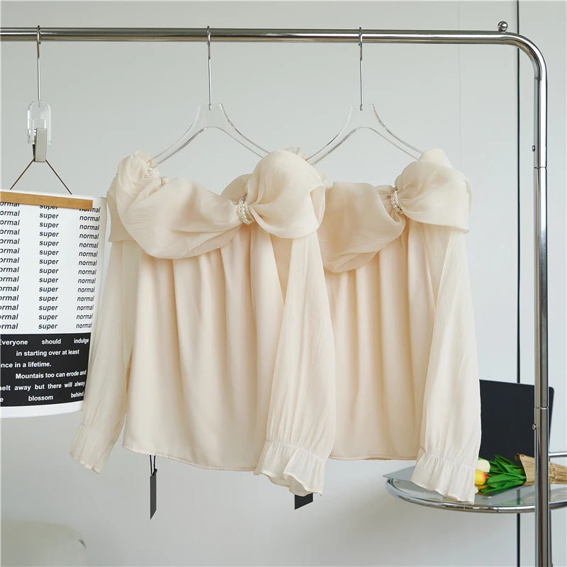 French Comfortable Tops Waist Blouse Sweet Offtheshoulder Korean Party Shirts Blous