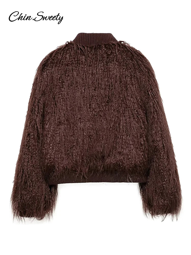Burgundy Fur Coats Warm Thick O-neck Long Sleeve Loose Jackets Female Autumn Winter Party Outwear