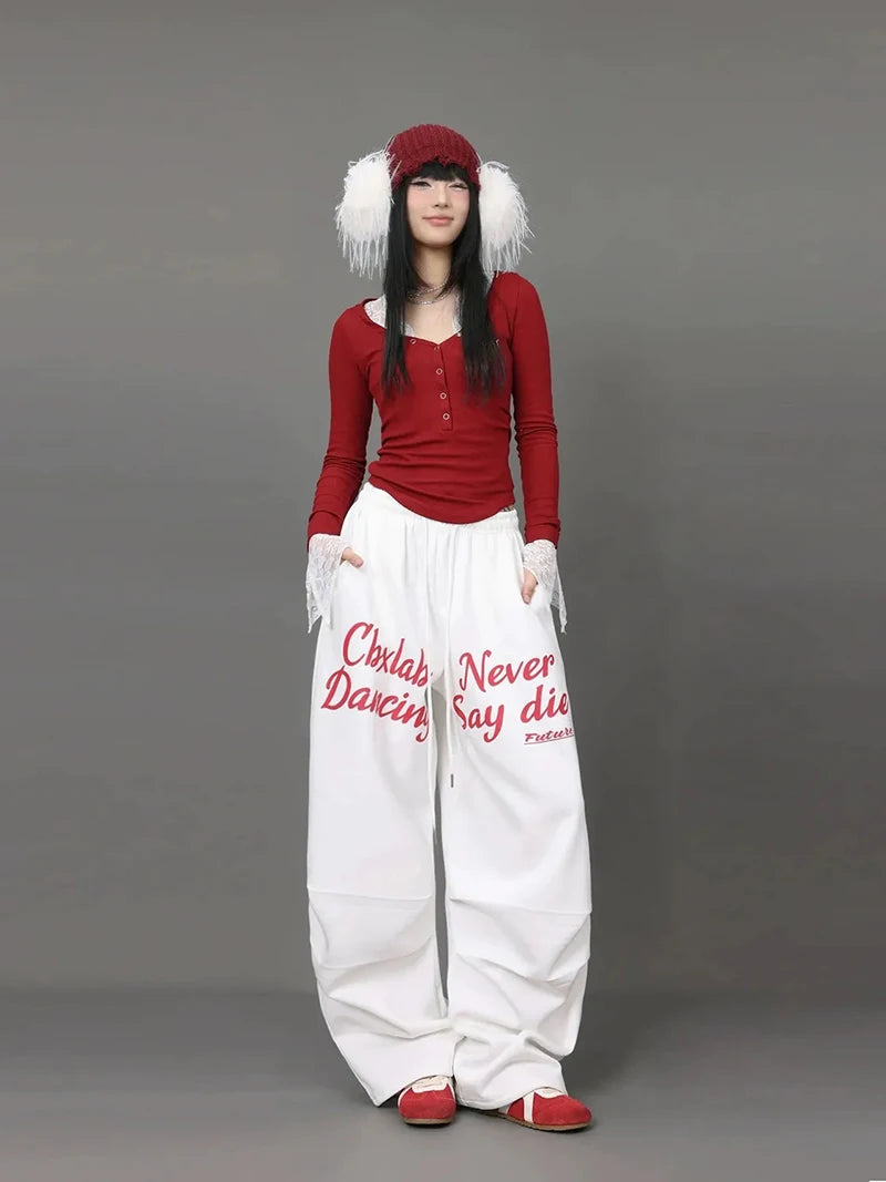 Letter Print Sweatpants American Loose Trousers Y2k Hip Hop Drawstring Wide Leg Pants