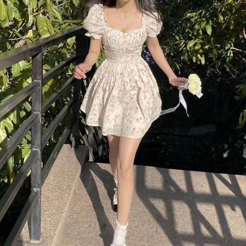 Print Mini Dresses Puff Sleeve Mori Girl Style Sweet Spring Summer Dress Korean Vestidos Mujer