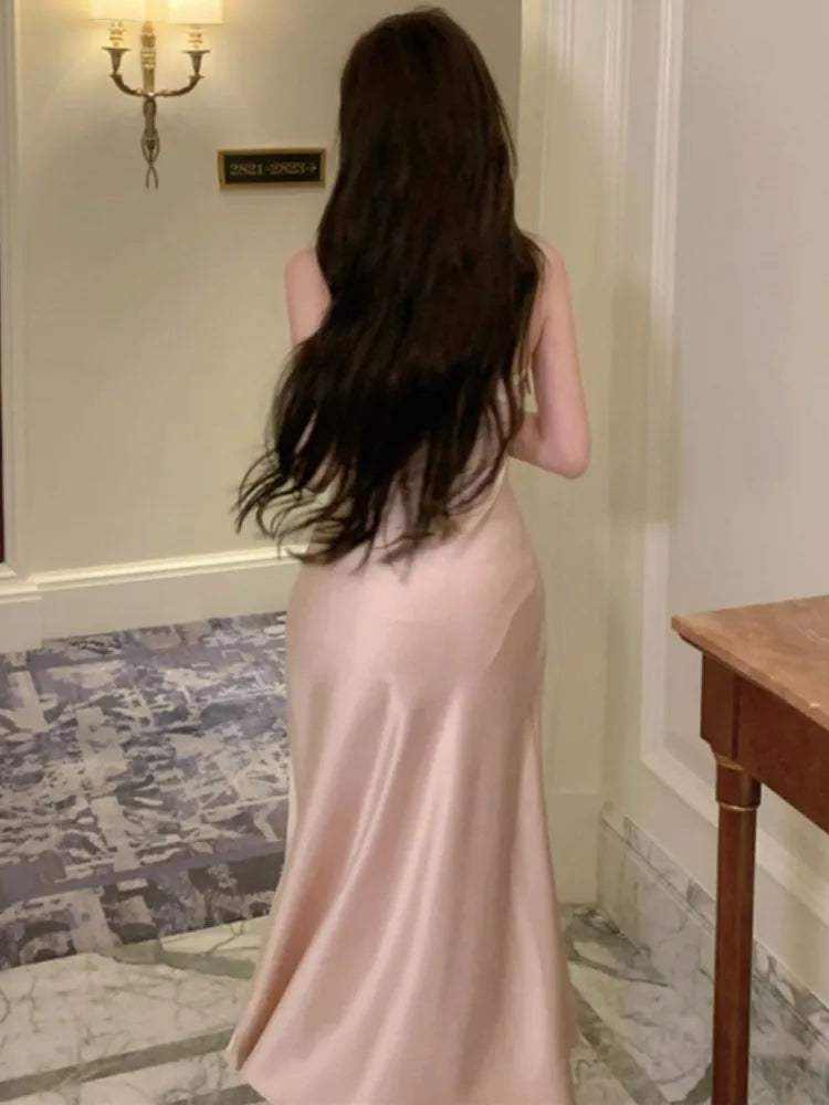 Satin Spaghetti Strap Party Dress Slim Birthday Evening Prom Midi Dress Female High Waist Split Vestidos New