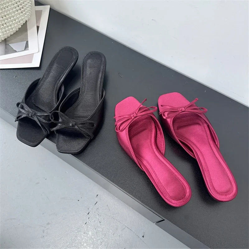 Summer Butterflykont Slippers Square Toe Party Dress Female Sandals Low Heels Shoes Large Size 43
