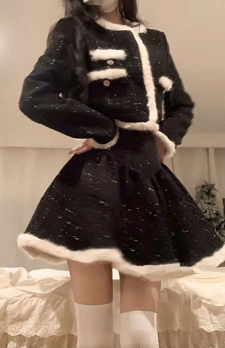 Two Piece Sets Cropped Jackets French Style Furry Party Autumn Winter Coats Ball Gown Mini Skirts Suits