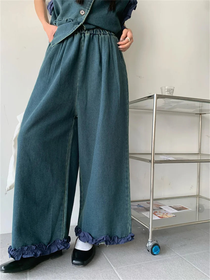 Sweet Denim Vest Coats Loose Wide Leg Jeans Sets Office Lady High Street Summer Suits