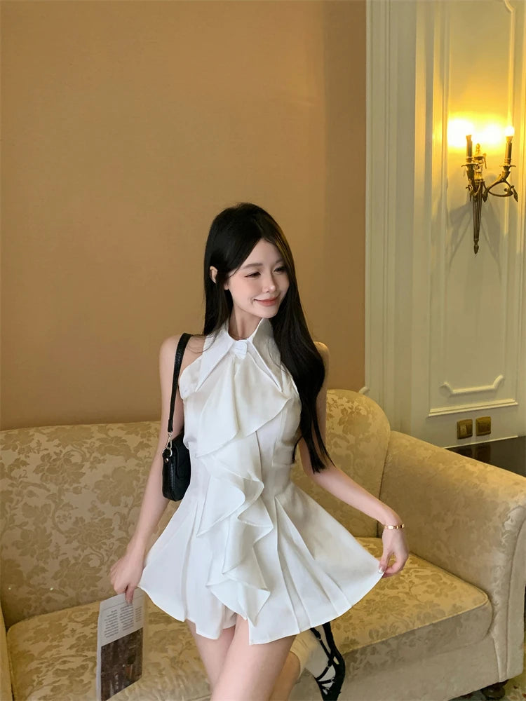 White Ruffle Edge Polo Neck Sleeveless Shirt Top Summer French Style Mid Length Waist Slim Blouses Clothing