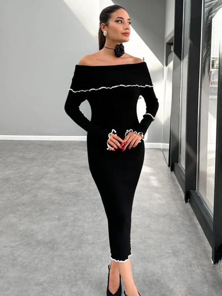 Fall Winter One-shoulder Long Knit Dress Slim Fungus Splice Contrast Color Sweater Female Club Party Dresses