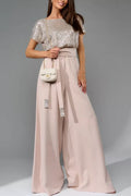 Sequin Patchwork Short Sleeve High Waist Jumpsuits