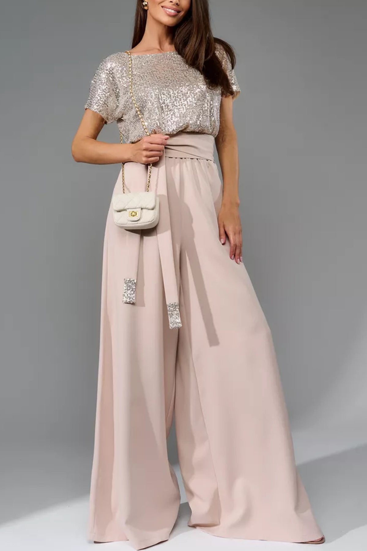Sequin Patchwork Short Sleeve High Waist Jumpsuits