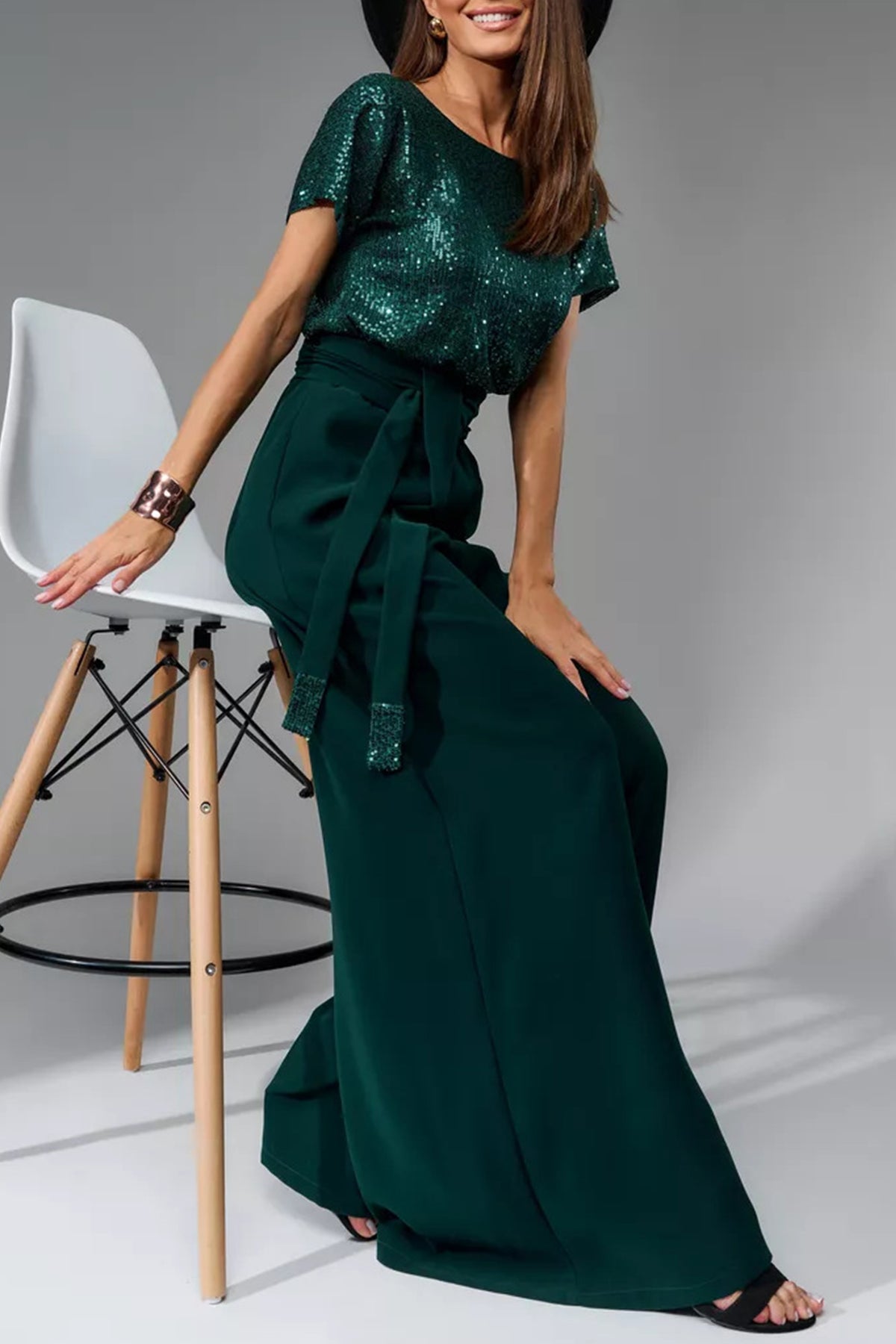 Sequin Patchwork Short Sleeve High Waist Jumpsuits