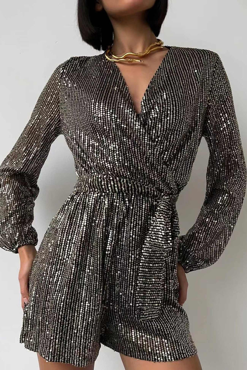 Sequin V Neck Tie-up Rompers