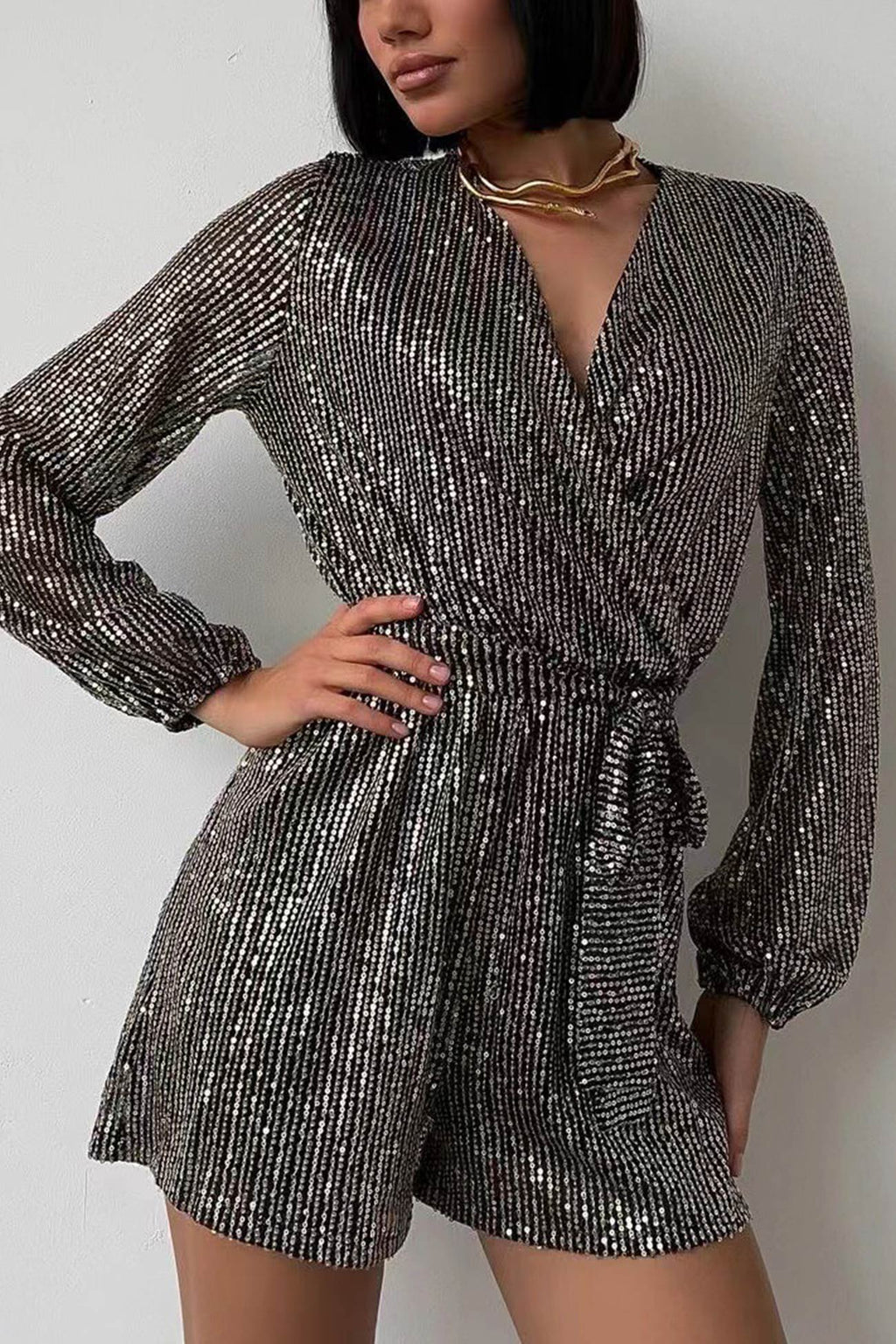 Sequin V Neck Tie-up Rompers