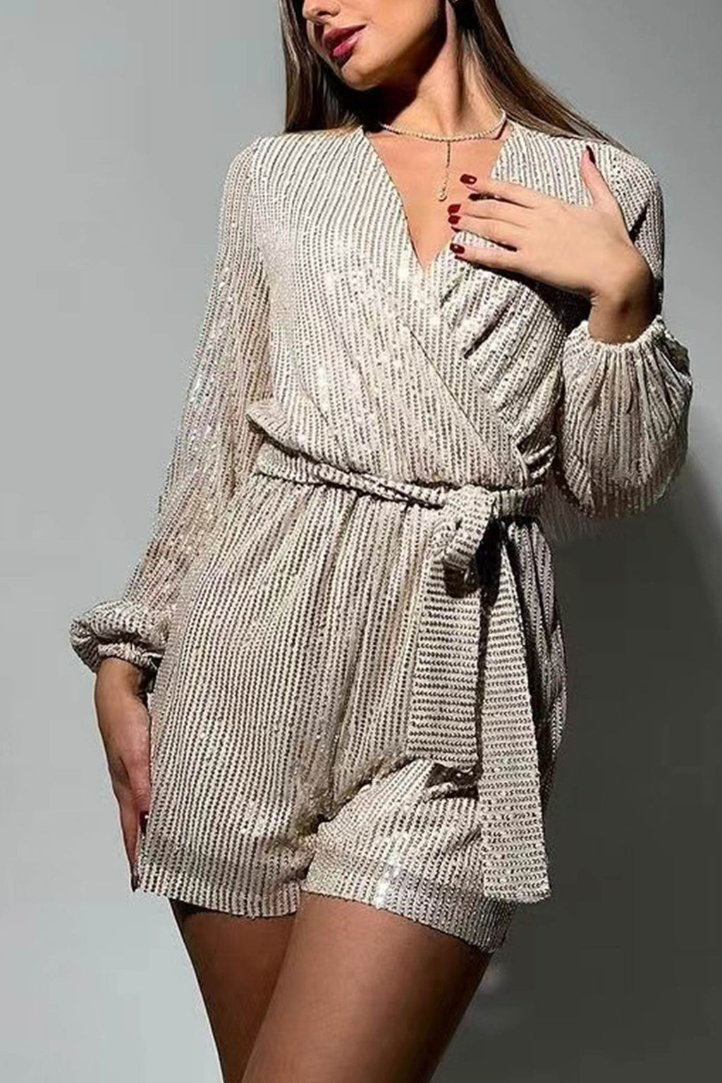 Sequin V Neck Tie-up Rompers