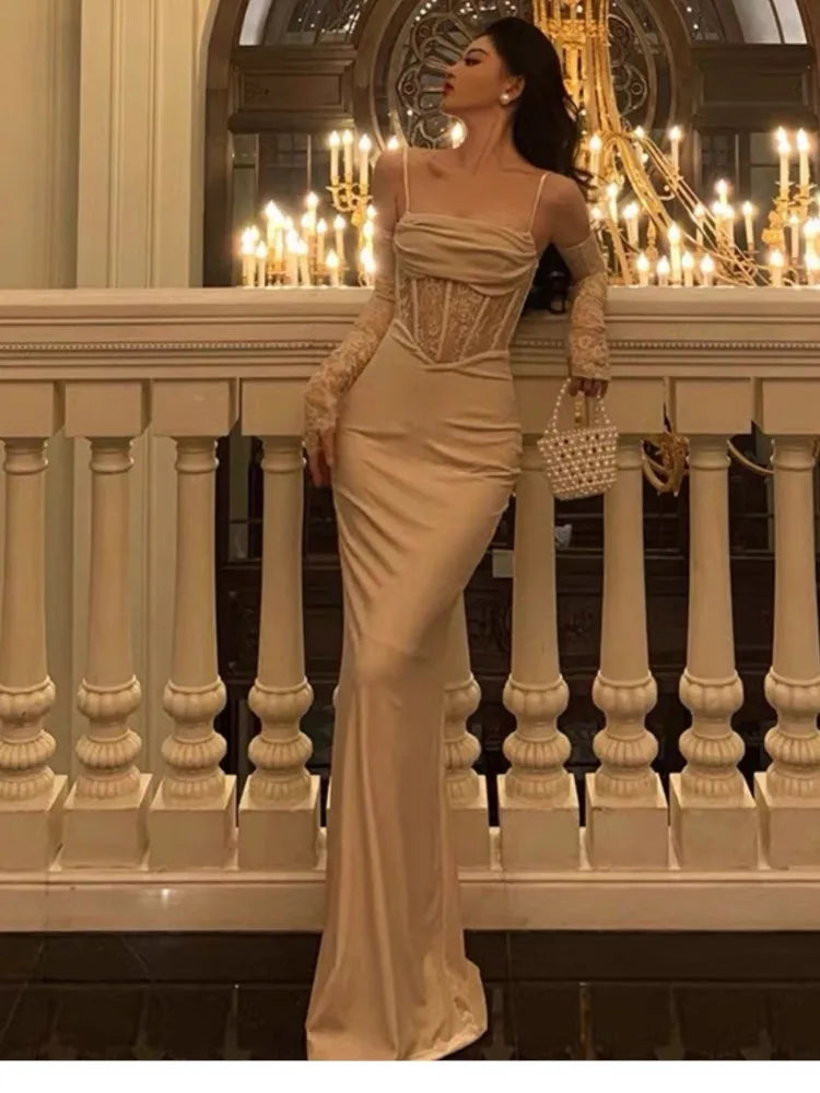 Bodycon Long Dresses for Evening Party Prom Robe Wedding Dress Velvet Lace Patchwork Spaghetti Strap Slim Vestidos