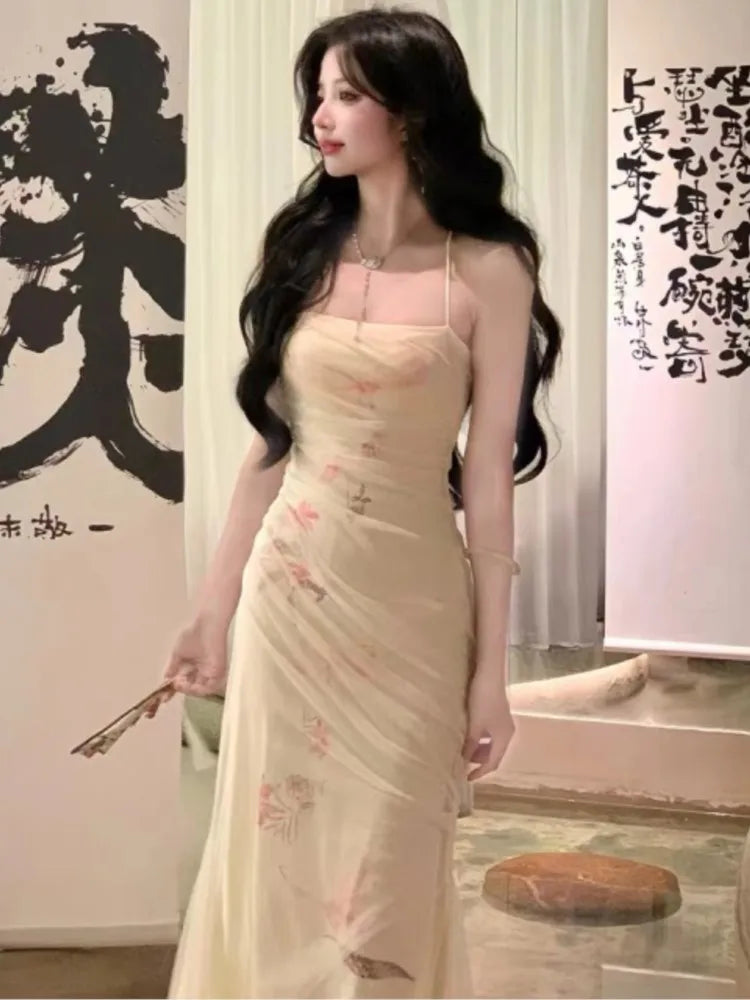 Bodycon Printed Mesh Long Dresses for Backless Summer New Korean Evening Party Female Vestidos