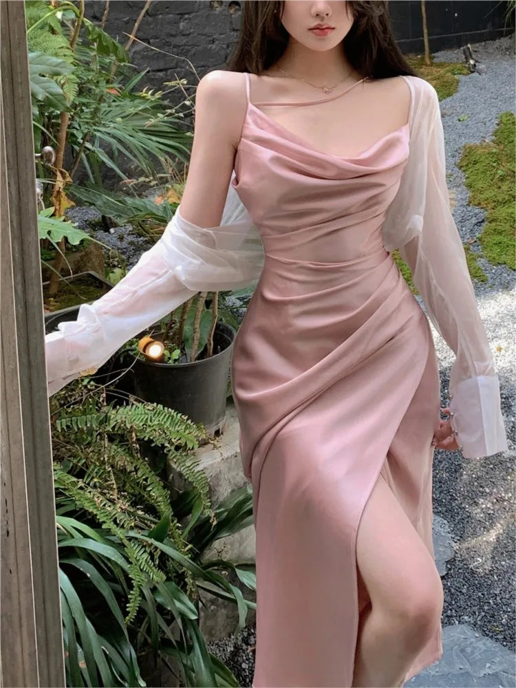 Satin Midi Dress New Summer Spaghetti Strap Slim Swinging Collar Split Evening Party Dresses Prom One Piece Vestido