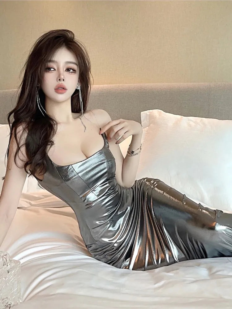 Shiny Maxi Dress Silver Spaghetti Strap High Split Wrap Chest Slim Bodycon Robe Evening Party Club Long Vestidos