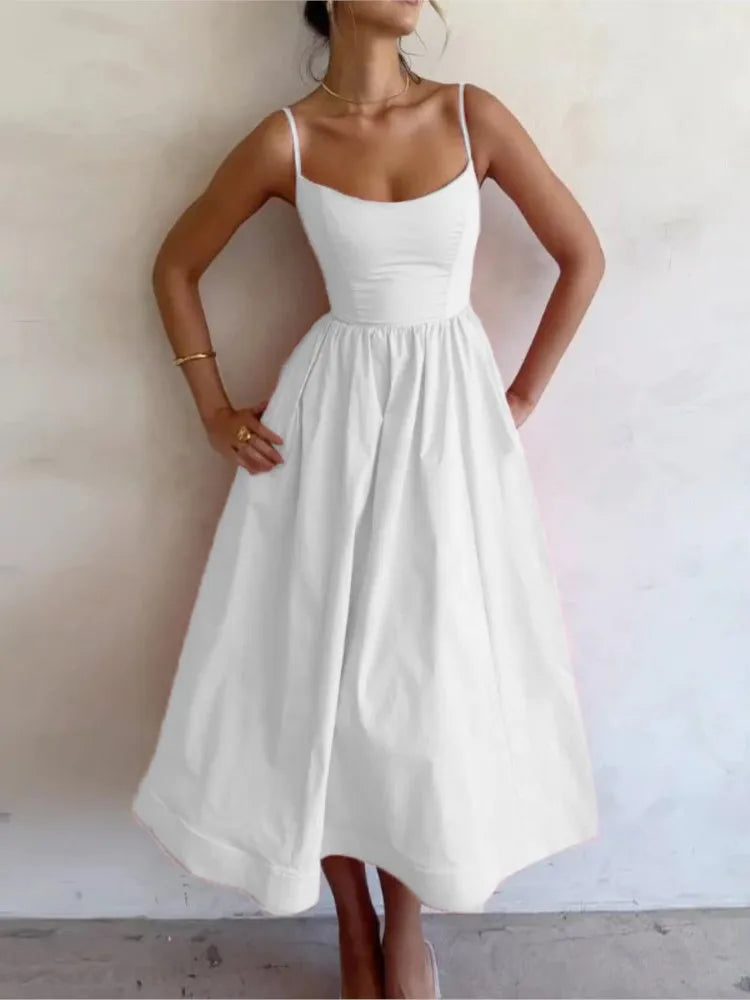 Spaghetti Strap A-line Maxi Dresses Low Cut Sleeveless Big Skirt Dress Summer New Party Vestido