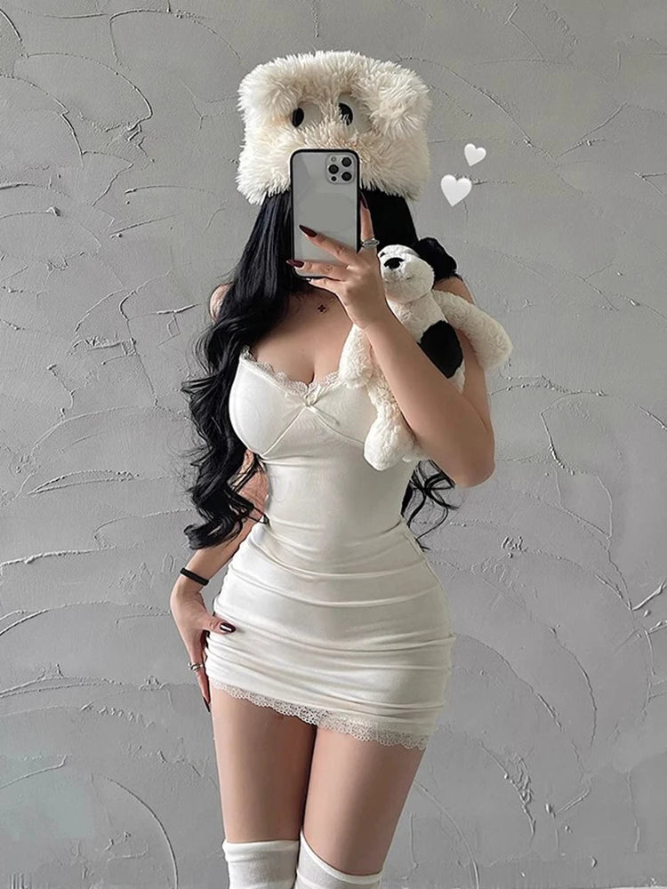 Summer Mini Dress Lace Red Camisole Sundress Sleeveless V-neck Basic Bodycon Dresses Lady Club Party Y2k Clothes