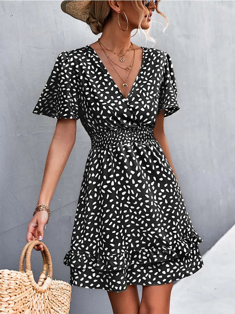V Neck Mini Dress for Slim Short Dresses Female Lotus Leaf Sleeve Dress